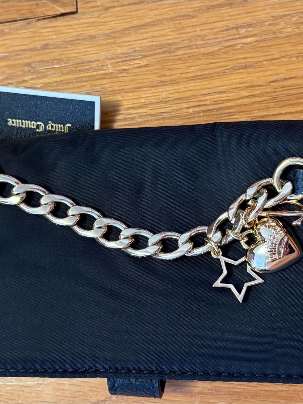 Juicy Couture Black Clutch Wristlet with Gold Chain & Charms